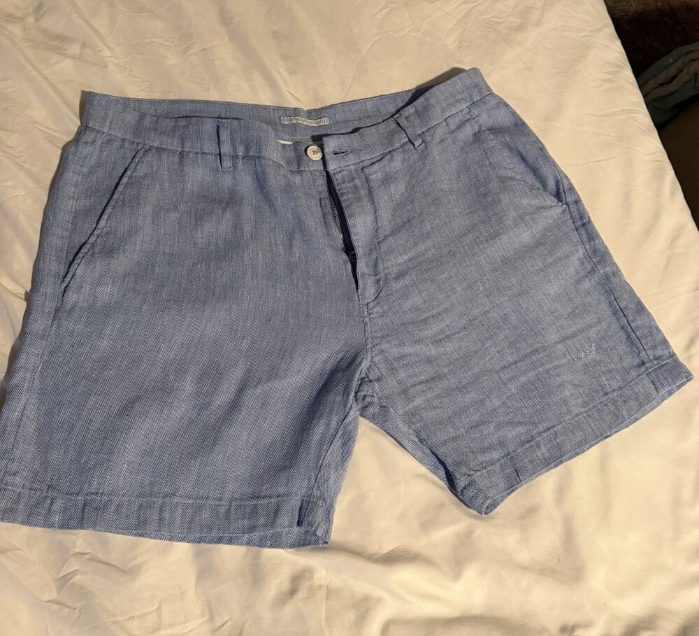 Porter & Ash Men’s Linen Blend Shorts Blue Flat Front Size 38 7” Inseam Casual